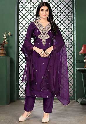 Embroidered Viscose Silk Pakistani Suit in Dark Purple