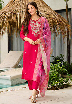 Embroidered Viscose Silk Pakistani Suit in Fuchsia
