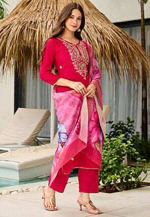 Embroidered Viscose Silk Pakistani Suit in Fuchsia