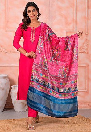 Embroidered Viscose Silk Pakistani Suit in Fuchsia