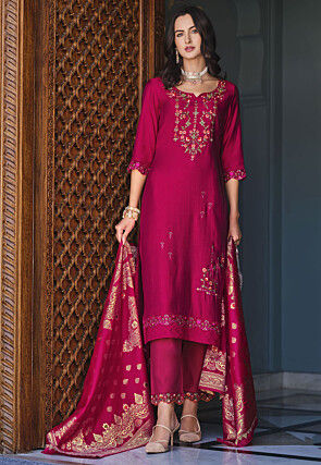Embroidered Viscose Silk Pakistani Suit in Fuchsia