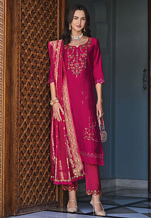 Embroidered Viscose Silk Pakistani Suit in Fuchsia