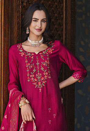 Embroidered Viscose Silk Pakistani Suit in Fuchsia