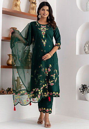 Embroidered Viscose Silk Pakistani Suit in Green