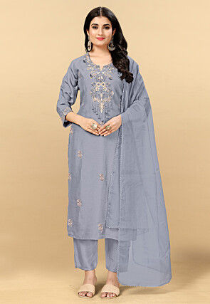 Embroidered Viscose Silk Pakistani Suit in Grey
