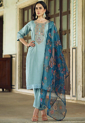 Embroidered Viscose Silk Pakistani Suit in Light Blue