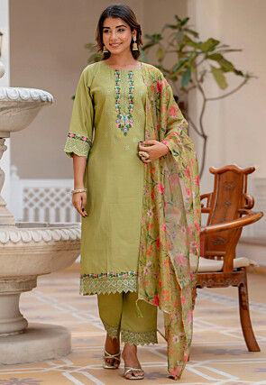 Embroidered Viscose Silk Pakistani Suit in Light Green