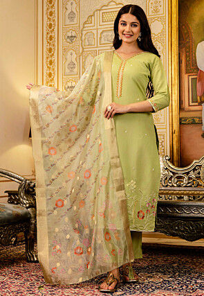 Embroidered Viscose Silk Pakistani Suit in Light Green