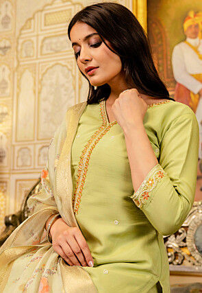 Embroidered Viscose Silk Pakistani Suit in Light Green