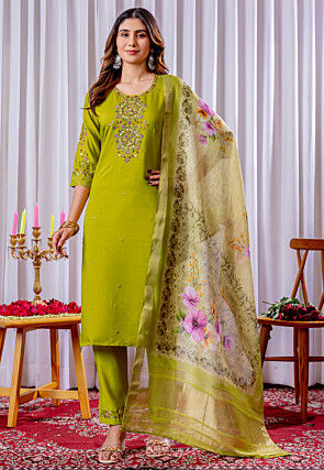 Embroidered Viscose Silk Pakistani Suit in Light Green