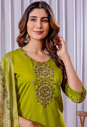 Embroidered Viscose Silk Pakistani Suit in Light Green