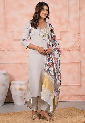 Embroidered Viscose Silk Pakistani Suit in Light Grey