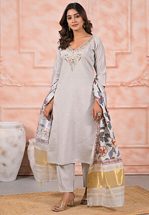 Embroidered Viscose Silk Pakistani Suit in Light Grey