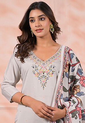 Embroidered Viscose Silk Pakistani Suit in Light Grey