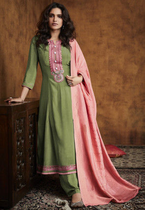 Embroidered Viscose Silk Pakistani Suit in Light Olive Green