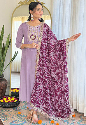 Embroidered Viscose Silk Pakistani Suit in Light Purple