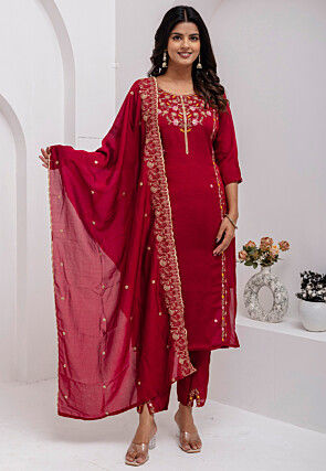 Embroidered Viscose Silk Pakistani Suit in Maroon
