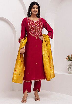 Embroidered Viscose Silk Pakistani Suit in Maroon