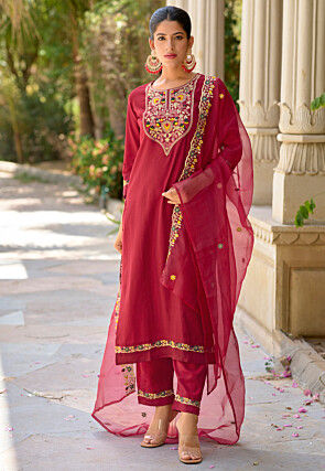 Embroidered Viscose Silk Pakistani Suit in Maroon