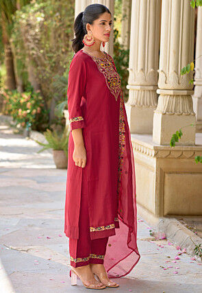 Embroidered Viscose Silk Pakistani Suit in Maroon