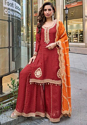 Embroidered Viscose Silk Jacquard Pakistani Suit in Maroon