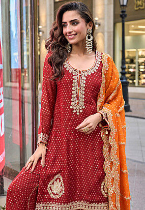 Embroidered Viscose Silk Jacquard Pakistani Suit in Maroon