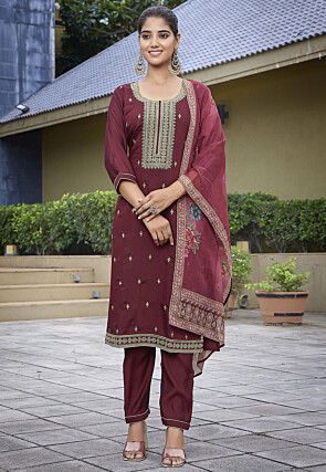 Embroidered Viscose Silk Pakistani Suit in Maroon