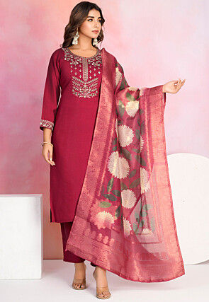 Embroidered Viscose Silk Pakistani Suit in Maroon