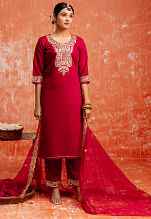 Embroidered Viscose Silk Pakistani Suit in Maroon