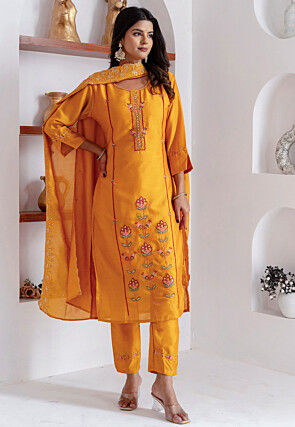 Embroidered Viscose Silk Pakistani Suit in Mustard