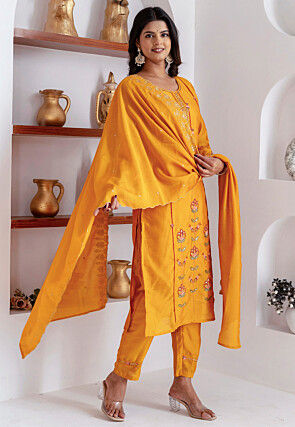 Embroidered Viscose Silk Pakistani Suit in Mustard