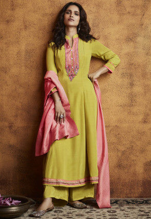 Embroidered Viscose Silk Pakistani Suit in Mustard