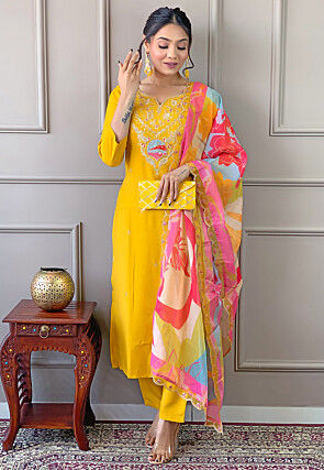Embroidered Viscose Silk Pakistani Suit in Mustard