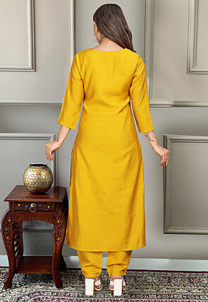 Embroidered Viscose Silk Pakistani Suit in Mustard