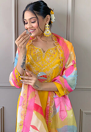Embroidered Viscose Silk Pakistani Suit in Mustard