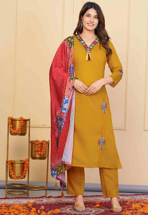 Embroidered Viscose Silk Pakistani Suit in Mustard
