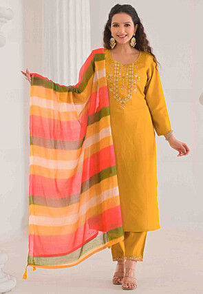 Embroidered Viscose Silk Pakistani Suit in Mustard