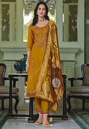 Embroidered Viscose Silk Pakistani Suit in Mustard