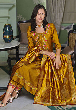 Embroidered Viscose Silk Pakistani Suit in Mustard
