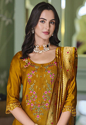 Embroidered Viscose Silk Pakistani Suit in Mustard