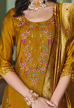 Embroidered Viscose Silk Pakistani Suit in Mustard