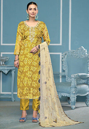 Embroidered Viscose Silk Pakistani Suit in Mustard