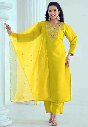 Embroidered Viscose Silk Pakistani Suit in Mustard