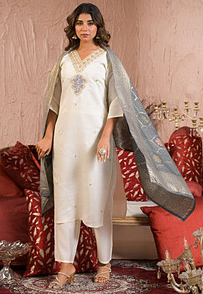 Embroidered Viscose Silk Pakistani Suit in Off White