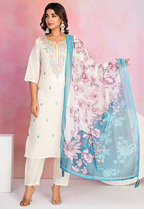 Embroidered Viscose Silk Pakistani Suit in Off White