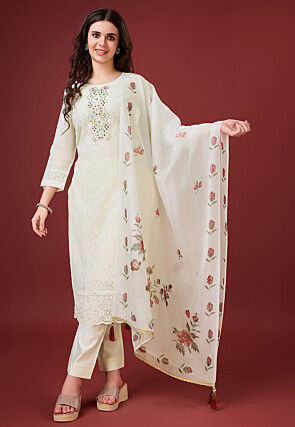 Embroidered Viscose Silk Pakistani Suit in Off White
