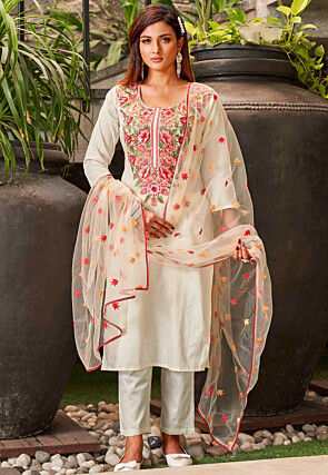 Embroidered Viscose Silk Pakistani Suit in Off White