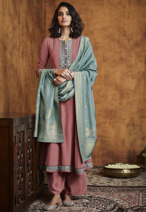 Embroidered Viscose Silk Pakistani Suit in Old Rose