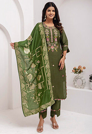 Embroidered Viscose Silk Pakistani Suit in Olive Green