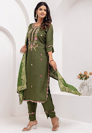 Embroidered Viscose Silk Pakistani Suit in Olive Green